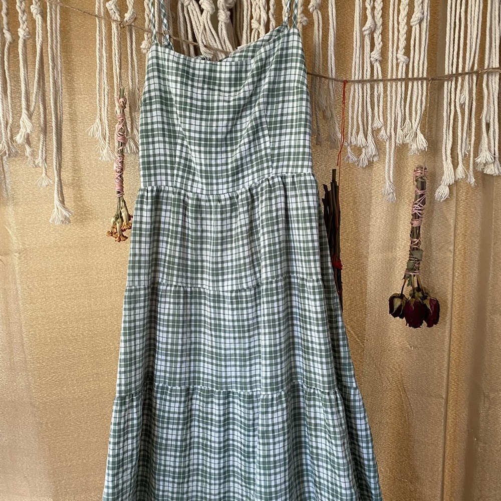 Adorable sage green plaid maxi dress. Open tie back, shin length flowey dress